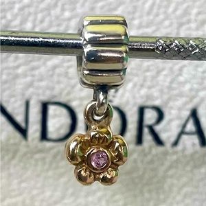 Pandora Flower Pink Sapphire Two Tone Dangle Charm